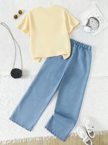 2件套青少年女孩休闲蝴蝶印花短袖T恤和直筒裤套装