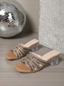 Sandalias de tacón alto y grueso con puntera abierta, con cristal en forma de H, sandalias de tacón alto de lujo de color albaricoque, sandalias de tacón grueso y transparente de estilo romano, zapatos de tacón alto elegantes y personalizados, elegantes y versátiles sandalias de playa con puntera abierta, cómodas sandalias slip-on