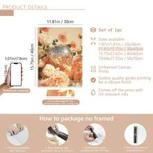 1 件无框桃色大丽花迪斯科球帆布墙饰，花卉多巴胺帆布装饰可打印，复古华丽植物印花，花卉家居礼品海报，海报，墙壁艺术，房间装饰用品，秋季，现代（可选框架）