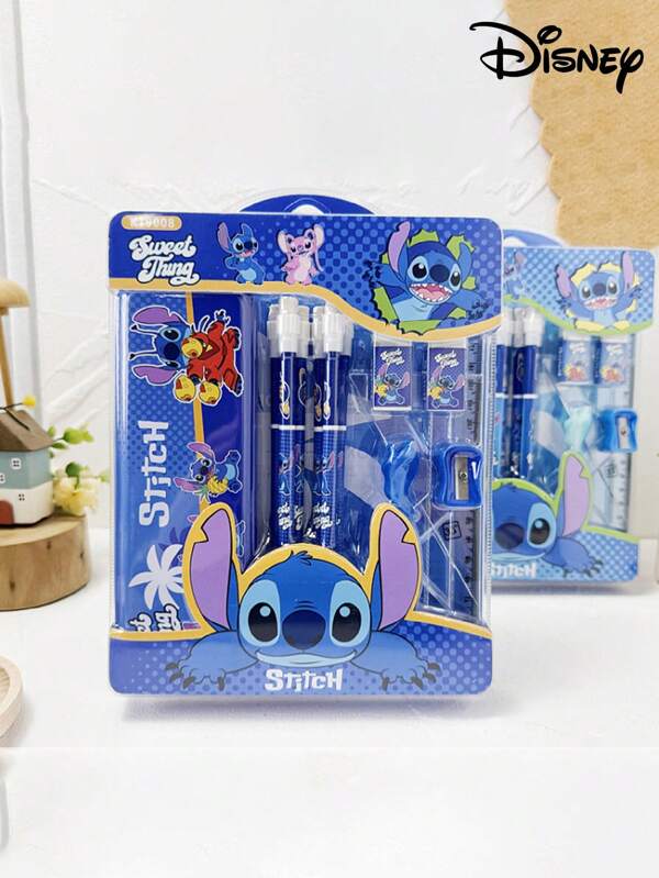 Disney 14 pièces Set de papeterie pour la rentrée scolaire, ensemble de fournitures scolaires avec thème mignon Stitch, boîte cadeau de papeterie avec trousse à crayons Stitch et règle triangulaire