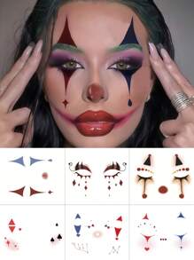 6 Blatt Clown Gesicht Tattoo Halloween temporäre Tattoos, erschreckende Augenschatten Tattoos, Clown Make-up Halloween Gesichtstattoo Aufkleber für Karneval, Totenfest, Cosplay und Festivitäten