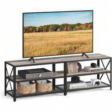 Mueble de TV, Mesa de TV para Televisores de hasta 70 Pulgadas, Ancho 160 cm, Marco de Acero, con Estantes, para Salón, Dormitorio, Marrón Rústico y Negro MLTV095B01 - Greige + Negro - Ver 1