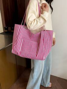 条纹休闲大容量简约购物手提袋，适合购物、度假、大学