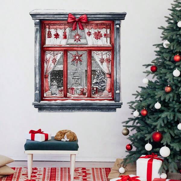 Christmas Window Sill Scene Wall Stickers, Self-Adhesive Christmas Decoration With Bows, Gifts, Snowflake Ornaments, And Other Christmas Elements Wall Decals For Bathroom Bathroom Decoration Wall Stickers, Easy Peel And Stick, Removable Christmas Decorations