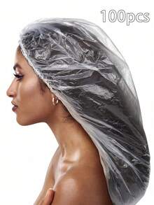 100个/50个一次性塑料透明超大浴帽，女士弹性防水浴帽，旅行发饰 - 白色 - 查看 1
