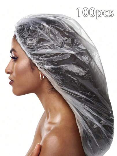 100pcs/50pcs Disposable Plastic Transparent Extra Large Shower Cap, Elastic Waterproof Bath Cap For Women, Travel Hair Accessories