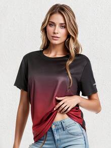 3 piezas Camiseta de manga corta deportiva para mujer con cuello redondo y degradado simple, adecuada para primavera y verano - Rojo - Ver 2