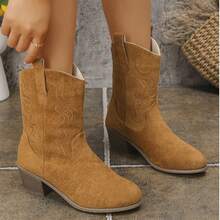 女士纯色休闲复古绗缝尖头厚底高跟中筒靴，适合度假、派对、四季穿着 - 棕色 - 查看 4