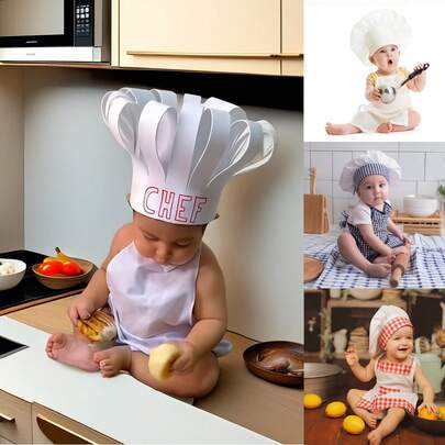 2 pezzi Set di abbigliamento da chef per neonati, accessori per fotografia neonati, costume da chef per neonati con cappello e grembiule per bambini e bambine