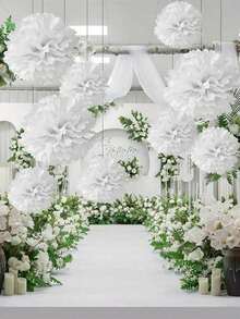 9pcs Paper Pom Poms, White Tissue Flowers, Fluffy Hanging Decoration, For Scene Decor, Home Decor, Room Decor, For Birthday Party Decor, Wedding Anniversary Party Favor, Business Graduation Gift Decor