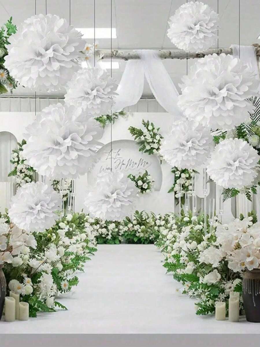 9pcs Paper Pom Poms, White Tissue Flowers, Fluffy Hanging Decoration, For Scene Decor, Home Decor, Room Decor, For Birthday Party Decor, Wedding Anniversary Party Favor, Business Graduation Gift Decor