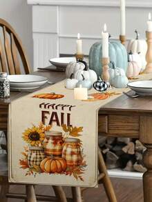 1pc/10pcs Autumn Pumpkin Sunflower Pattern Table Runner, Thanksgiving Day Table Runner, Harvest Festival Decor, Farmhouse Style, Linen-Like Material, 33*91CM/33*183CM/33*274CM, 3 Size Options, Indoor Outdoor Party Decor, Pumpkin Themed Decoration, Kitchen Table Decor