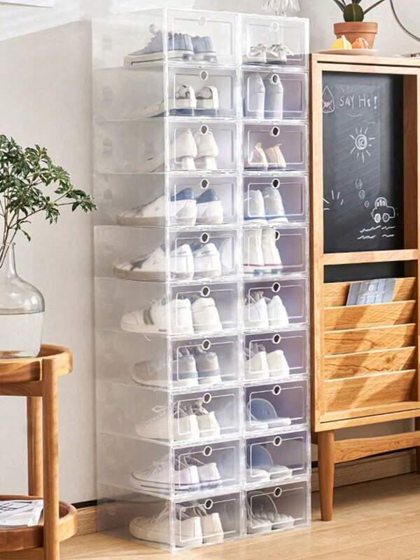 6/12 pièces Boîtes de rangement pour chaussures empilables transparentes - Organisateurs de chaussures en plastique ultra-robustes avec porte avant visible et conception renforcée | Parfait pour les Baskets, talons et bottes | Système de rangement gain de place pour la maison, le dortoir et l'affichage en magasin | Anti-poussière et résistant aux rayures - Exposez votre collection de chaussures avec style !