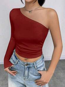 Women's Cropped Top T-Shirt Blouse With One-Shoulder Neckline Suplex Fabric Ideal For Going Out On Casual Romantic Elegant And Sophisticated Dates - 酒紅色 - 查看 5