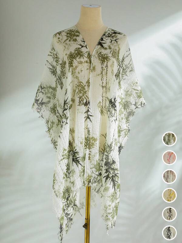 1pc Women New Natural Wrinkled Ink Bamboo Leaf Shawl, Front-Opening Long Beach Swimming Coverall Shawl, Bohemian Style Loose Casual Vacation Sunscreen Kimono, Suitable For Summer Family Vacation Gifts