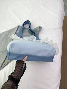 极简风格毛边字母设计牛仔帆布托特包，纯色大容量单肩包，适合女性日常使用，上班通勤书包，返校背包，经典休闲，轻便，便携，行李带设计，适合少女女大学生，非常适合返校、大学、初中、高中、开学第一天，女士西式钱包