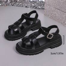 女士黑色露趾镂空透气厚底凉鞋，夏季户外运动凉鞋，水钻扣装饰，中跟舒适休闲运动凉鞋，厚底编织罗马凉鞋，角斗士凉鞋