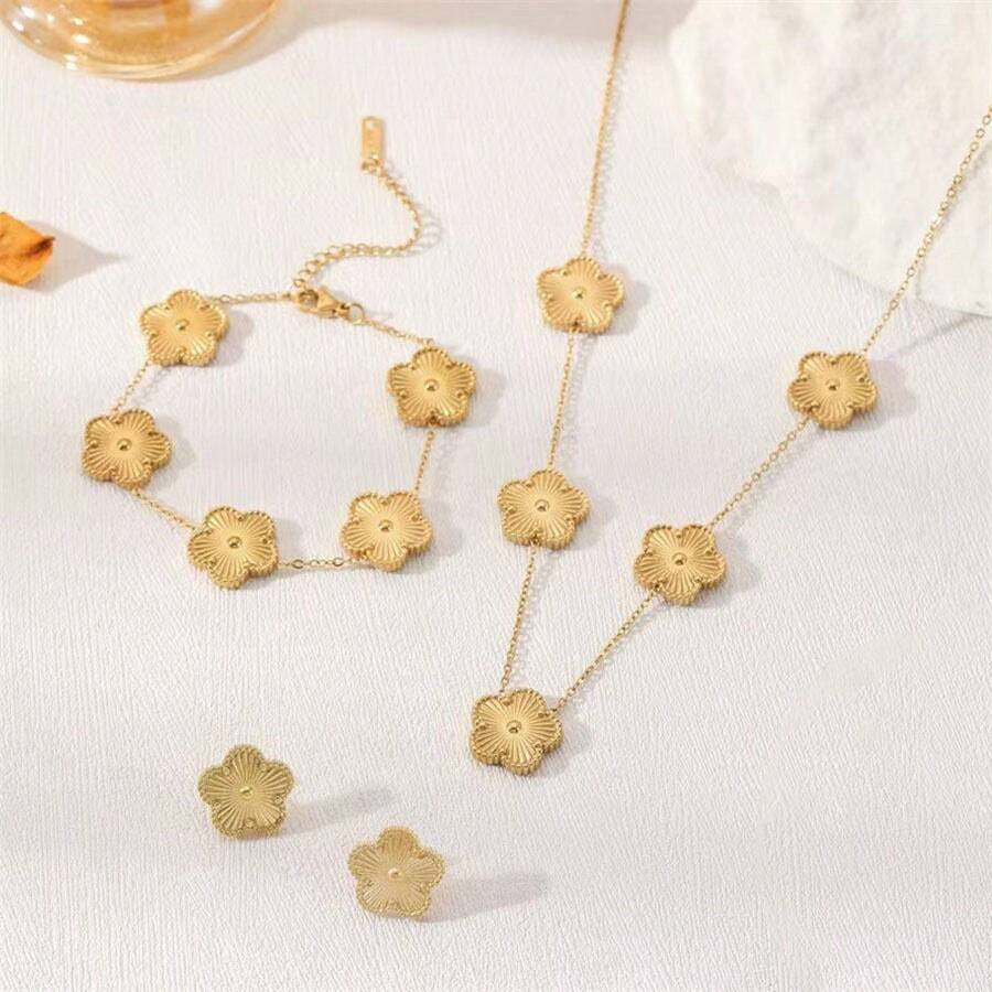 18K Stainless Steel 5-Bead Jewelry Set: Earrings, Bracelet, Necklace, Non-Fading, Women Accessories - Flower - View 1