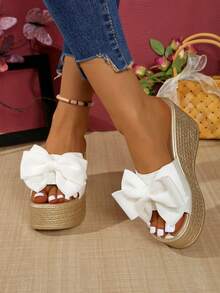 Zapatos de mujer elegantes con moño, sandalias de plataforma impermeables para verano, chanclas con cuña de suela gruesa adecuadas para fiestas y vacaciones, mules de tacón alto, sandalias de cuña de verano ligeras y de suela gruesa, de punta abierta y talón, talla grande, sandalias de cuña dulces y lindas, versátiles sandalias de cuña blancas - Blanco - Ver 4