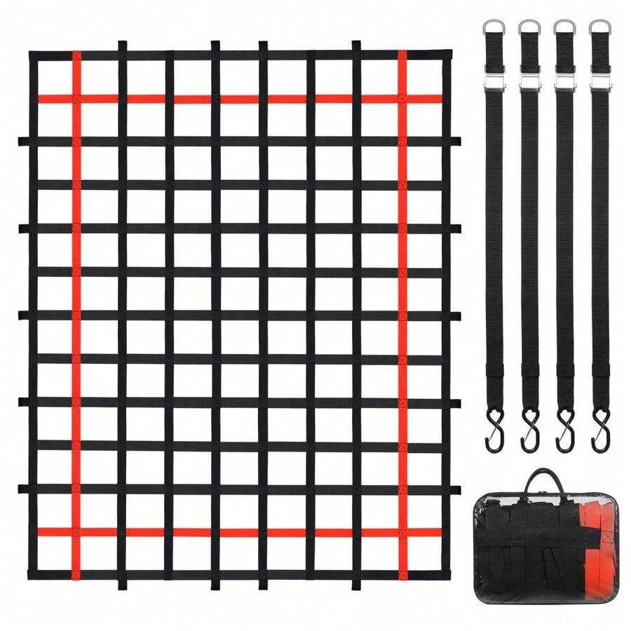 Heavy Duty Adjustable Cargo Net 96" X 72" With Buckles & S-Hooks For Secure Transport And Storage - Red - View 1