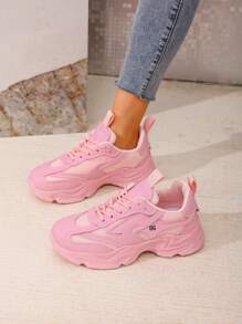 女式学生运动风格系带字母装饰网眼运动鞋，户外透气百搭厚底运动休闲跑步鞋，厚底厚底运动鞋