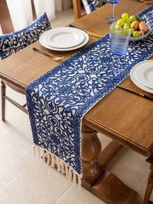 1 pieza Camino de mesa rústico bordado con flecos, de doble capa - Perfecto para decoración de comedor, decoración de otoño, decoración de sala - Azul Marino - Ver 4