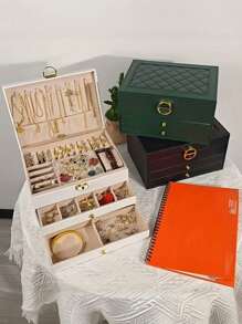 1 pieza Joyero de tres capas de gran capacidad, joyero multifunción de piel sintética (PU), joyero de tres capas con cerradura, joyero portátil, caja de almacenamiento para anillos, aretes y collares, caja de almacenamiento de joyería para tocador con cajón