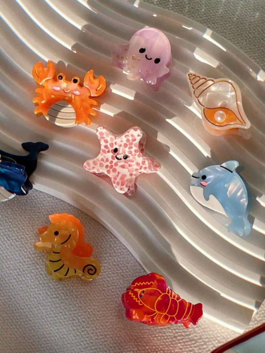 1/8pcs Cute Small Size Ocean Themed Hair Clip - Seashell, Shrimp, Dolphin, Adorable Hair Accessories For Vacation Photos & Bangs, For Women Beauty Claw Clips Cute Hair Claw Fall Winter - Multicolor - View 1