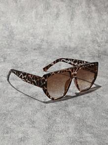 1pc Women's Fashion Leopard Print Square Large Frame Glasses, Black, Fashionable For Party, Gathering, Beach, Festival, High-End Fashion Shield Shape Shades