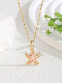 1pc Women Elegant Starfish Pendant Necklace - Gold Metallic With Shiny Blue Starfish Charm, Suitable For Party, Birthday And Spring Festival Gifts, Versatile Ocean-Themed Accessory, Exquisite Craftsmanship