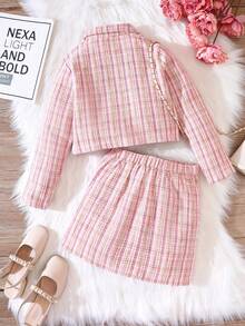 Girls' Elegant Plaid Set, Long Sleeve Button-Up Top, Flared Hem Bodycon Dress, Fashionable For Children In Spring And Autumn - Pink - View 2