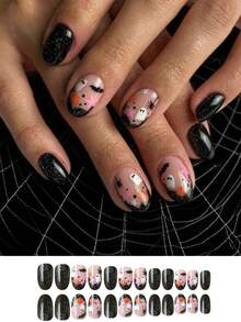 24 Peças Unhas Curtas Redondas, Unhas Falsas de Fantasmas, Abóboras, Estrelas Rosas e Aranhas Pretas do Halloween, Suprimentos de Unhas para Usar, Unhas Falsas de Verão, Unhas para Colar