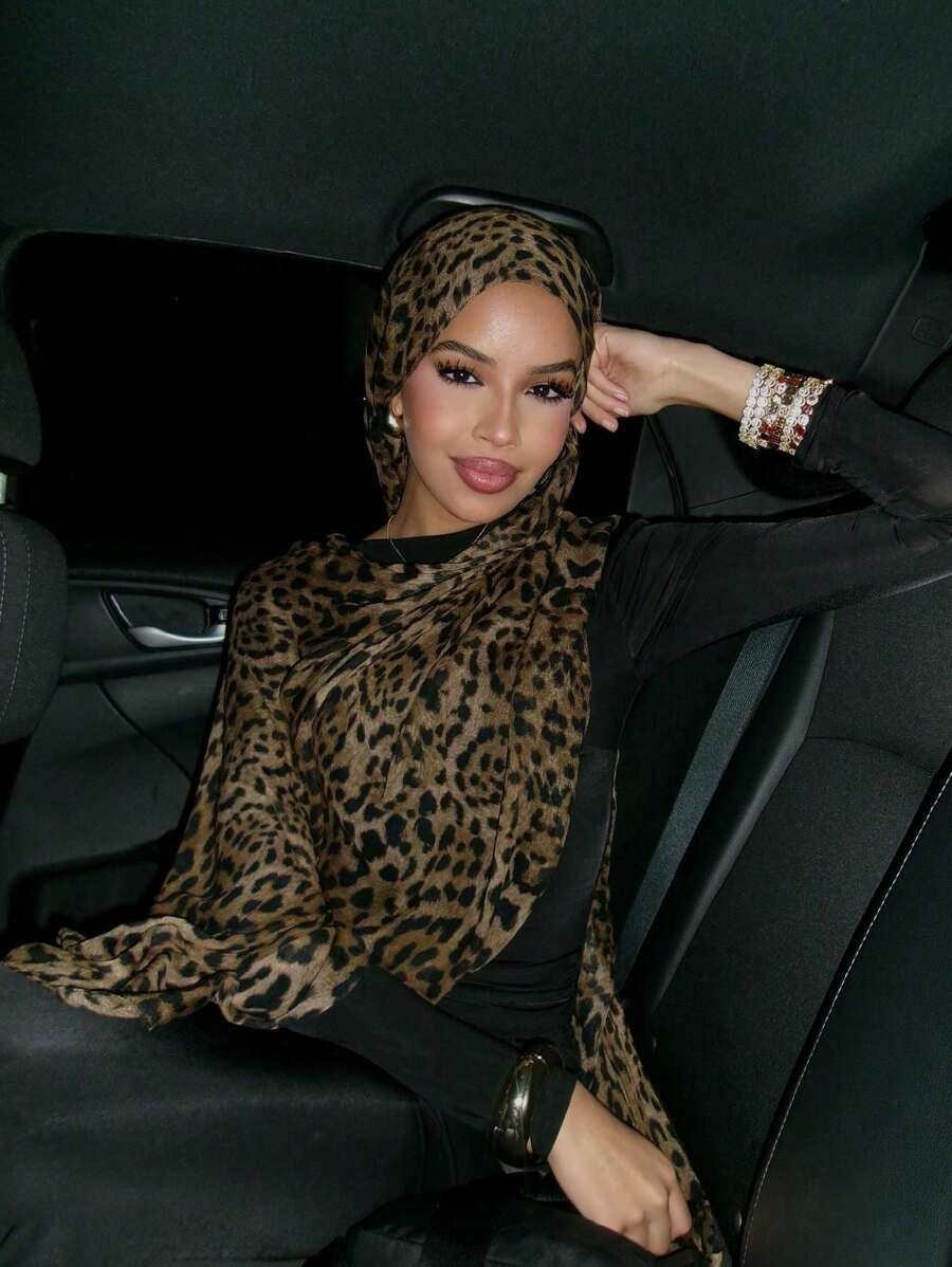 1pc Thin StyleWomen Fashion Bohemian Leopard Painting Navy Blue Marble Print Veil Hijab, Casual Street Wear Hijab For Daily Use, Autumn Headband