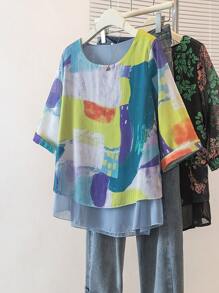 YUXIN Nueva blusa de gasa con estampado y cuello redondo, diseño suelto 2 en 1 para primavera/verano