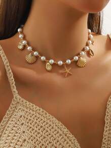 1 pieza Collar colgante con estilo oceánico, Collar gargantilla de perlas falsas de moda adecuado para uso diario, playa, viajes, fotografía