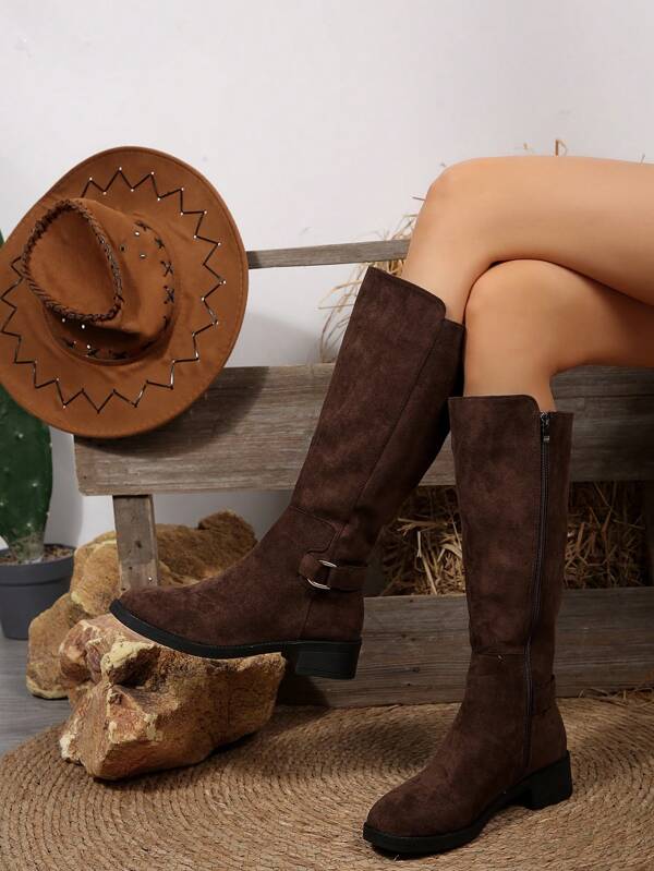 FVPFVP 2024 Fashionable Knight Boots With Buckle, Straight Cut Over The Knee Slimming Long Boots, Brown For Women, Winter,Western Style