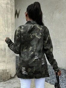 Áo khoác denim dài tay dáng rộng cho nữ cỡ lớn, cài cúc phía trước và có túi, họa tiết rằn ri, thích hợp cho mùa xuân. - Màu ngụy trang - Xem 6