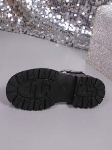 女士黑色露趾镂空透气厚底凉鞋，夏季户外运动凉鞋，水钻扣装饰，中跟舒适休闲运动凉鞋，厚底编织罗马凉鞋，角斗士凉鞋