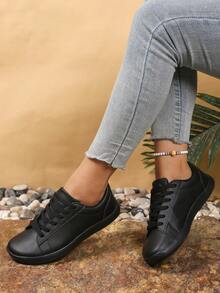 Women's Wide Toe Box Athletic Shoes, Minimalist Style, Synthetic Leather Patchwork Decor, Front Lace-Up Barefoot Shoes, Suitable For Outdoor Sports - Black - View 5