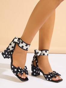 Sandale cu toc înalt pentru femei, potrivite pentru petreceri, activități în aer liber, călătorii, vacanțe la modă, toc gros, vârf pătrat, eșarfă cu buline, fundă, textură de piatră strălucitoare, culoare uni, sandale negre elegante de înaltă calitate - Negru - Vizualizare 3