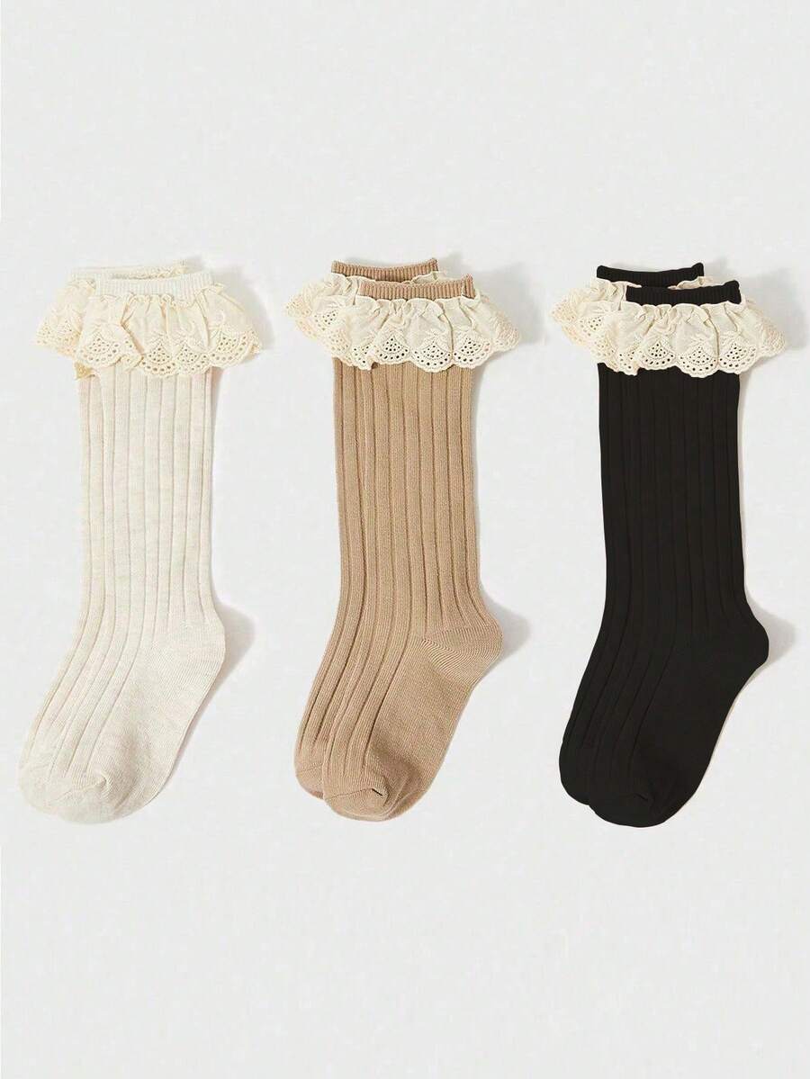 3 Pasang Kaos Kaki Setinggi Lutut Anak Perempuan Motif Renda Warna Polos untuk Musim Semi/Panas, Manis dan Imut untuk Anak Perempuan, Cocok untuk Pemakaian Sehari-hari dan Paduan Seragam Sekolah.