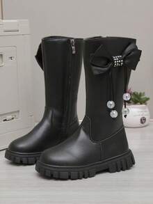 1 Paar Mädchen Schwarze Hohe Prinzessin Stiefel, einfarbiges weiches PU-Material, Seitlicher Quasten-Schleifen-Entwurf, Runde Zehenkappe Dicke Sohle, Thermofutter, Warm & Modisch Hohe Stiefel, Geeignet für Lässig, Feiertage, Party, Herbst/Winter