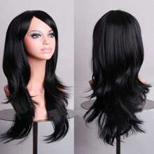 鲜艳的红色长波浪假发带刘海 - 耐热合成假发，适合动漫和万圣节派对，可调节尺寸，完美贴合，假发配件