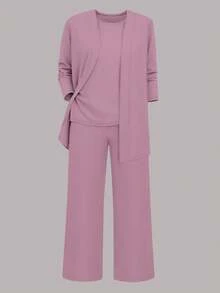 三件套加大码女式休闲纯色套装：外套/开衫 + 圆领无袖上衣 + 松紧腰直筒裤，柔软弹力面料，宽松版型，通勤舒适，春/秋/冬皆宜，优雅百搭。 - 淺粉色 - 查看 6