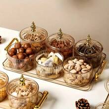 一套带金色装饰的豪华塑料零食盘 - 优雅的坚果碟、糖果和开胃菜托盘 - 时尚的家居厨房储物盒，带盖，适合斋月使用 - 彩色 - 查看 7