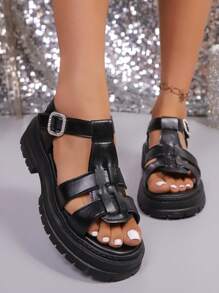 女士黑色露趾镂空透气厚底凉鞋，夏季户外运动凉鞋，水钻扣装饰，中跟舒适休闲运动凉鞋，厚底编织罗马凉鞋，角斗士凉鞋