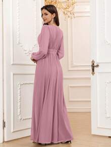 Volly Toych 薰衣草色优雅A字圆领长袖及地雪纺正式伴娘礼服、婚礼宾客礼服，无袖无衬里春季款 - 灰藕荷 - 查看 3