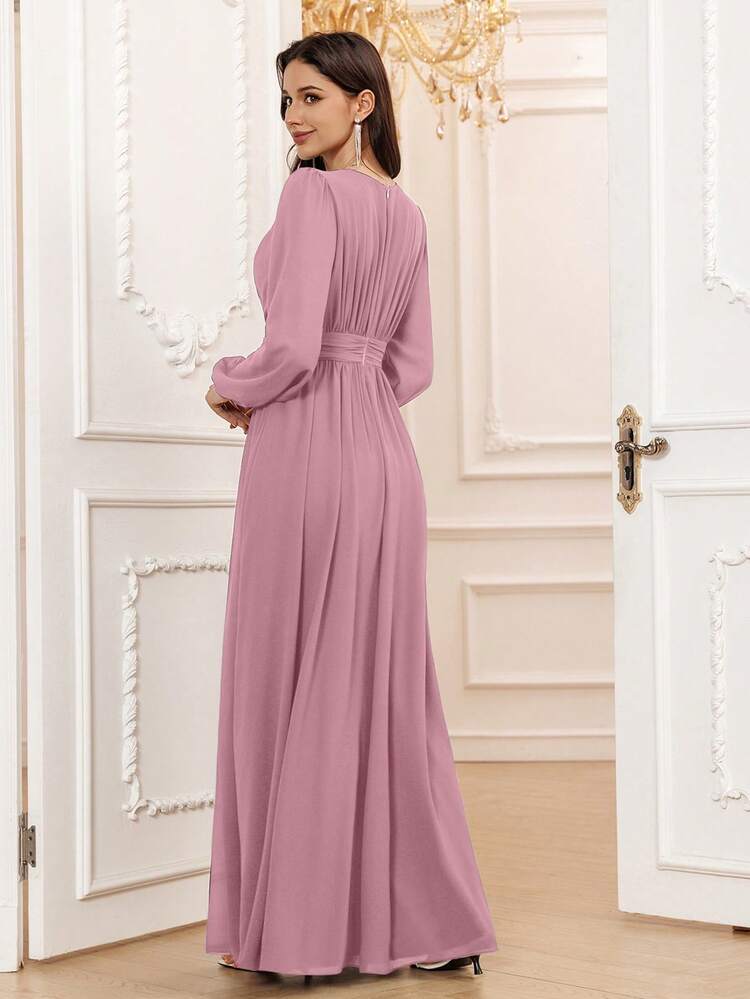 Volly Toych Lavender Elegant A-Line Round Neck Long Sleeve Floor-Length Chiffon Bridesmaid Dress, Wedding Guest Dress, Unlined Sleeves Spring Fall