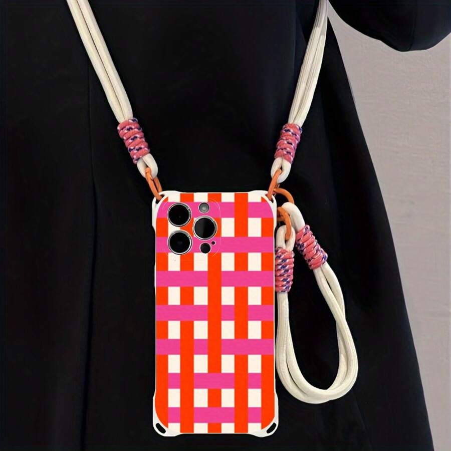 Funda para teléfono 1 pieza Una elegante correa para el hombro tipo bandolera, patrón Correa para el hombro tipo bandolera Correa de mano anticaída de cuatro esquinas Funda protectora para teléfono móvil Puede colgarse hacia atrás Funda para teléfono móvil suave adecuada para la serie 12 13 14 15 16 Pro Pro Plus - - Colores mixtos 1 - Ver 1