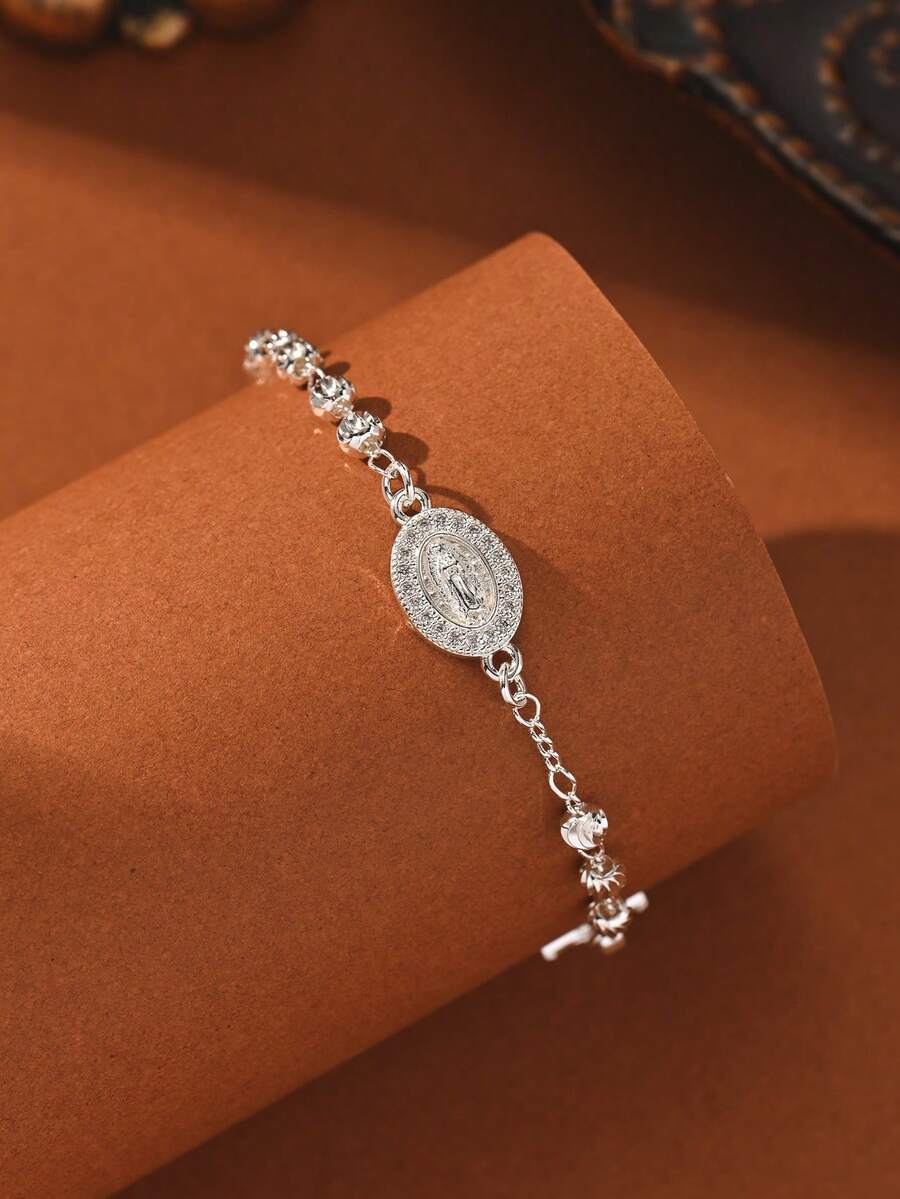 1件手工串珠圣母玛利亚宗教手链，银色，适合送给朋友、女朋友，女性日常及节日佩戴 - 銀色 - 查看 1